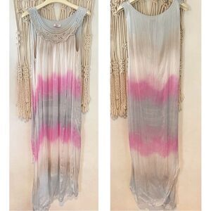 Boho Tie-Dye Maxi Dress MED – Crochet Yoke Sleeveless Flowy Festival Dress Silk